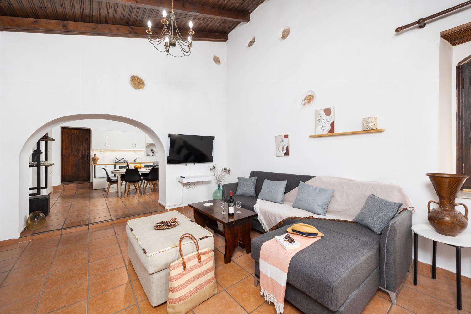 Open-plan living room with sofa, dining area, kitchen, ornamental fireplace, WiFi internet, and satellite TV