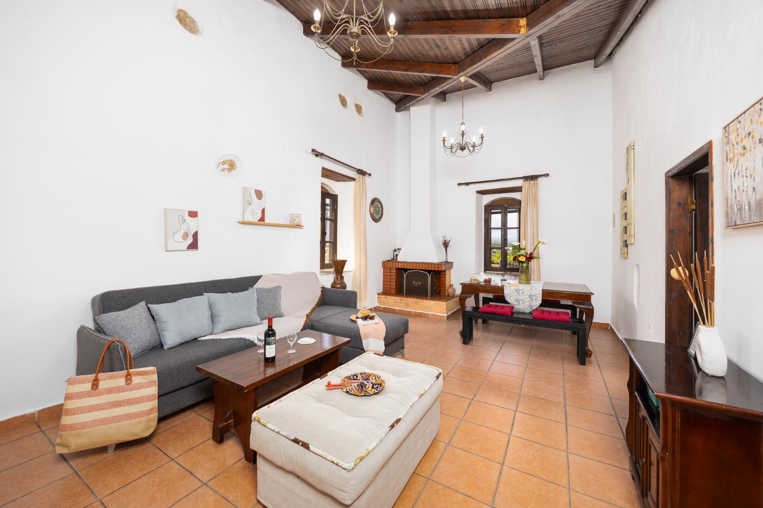 Open-plan living room with sofa, dining area, kitchen, ornamental fireplace, WiFi internet, and satellite TV