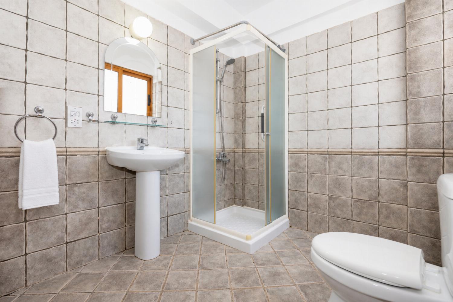 An interior view of a modern bathroom within the property, showcasing a clean, tiled design with a practical corner layout.