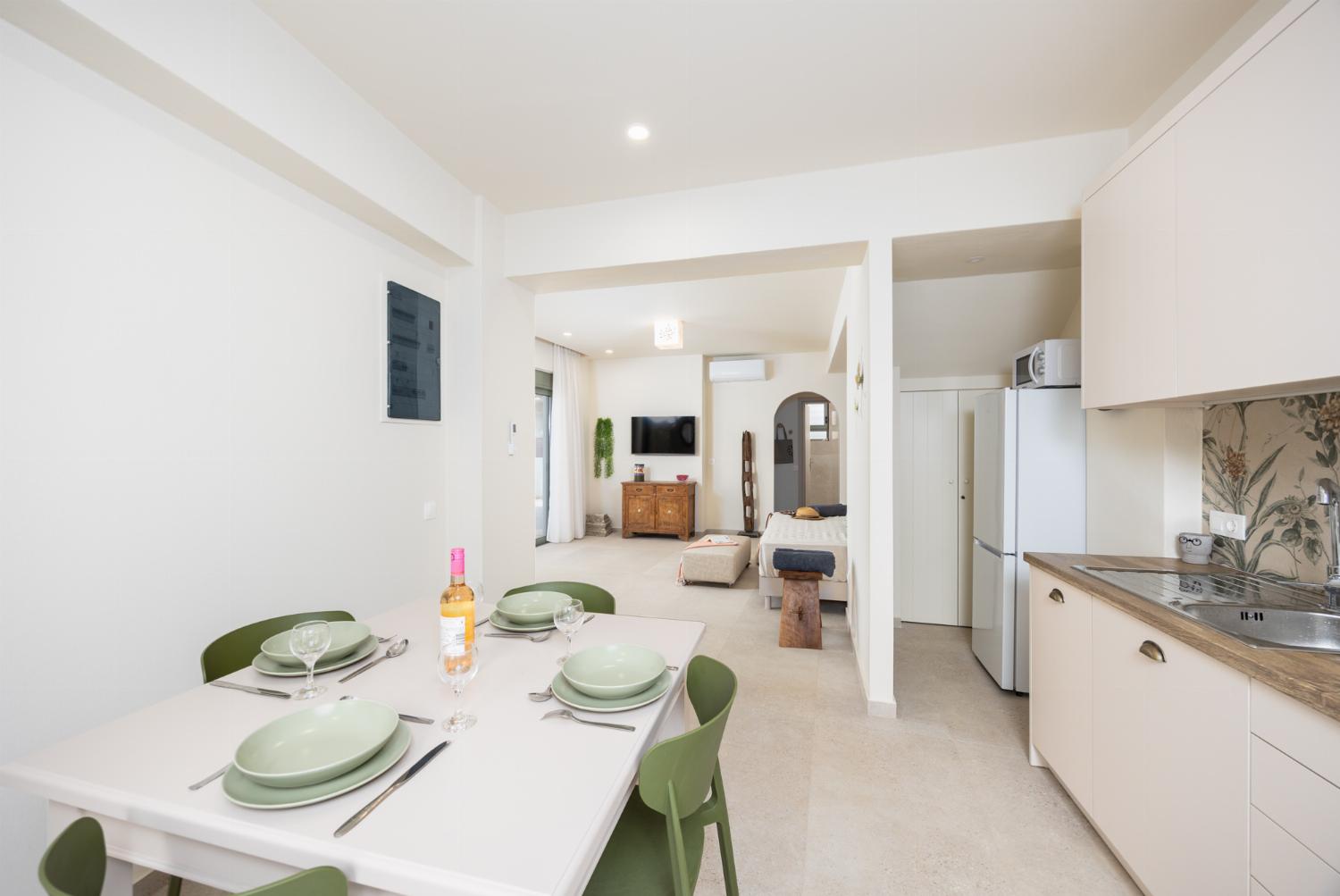 Open-plan living room with sofa, dining are, kitchen, A/C, WiFi internet, and satellite TV