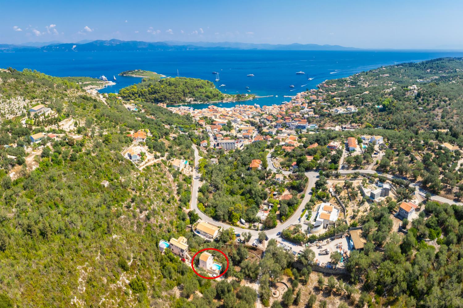 Aerial view showing location of villa
