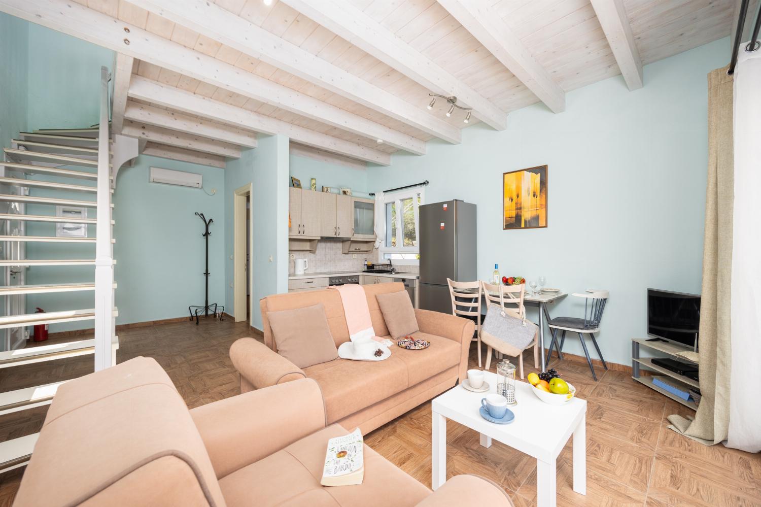 Open-plan living room with sofas, dining area, kitchen, A/C, WiFi internet, satellite TV, and sea views