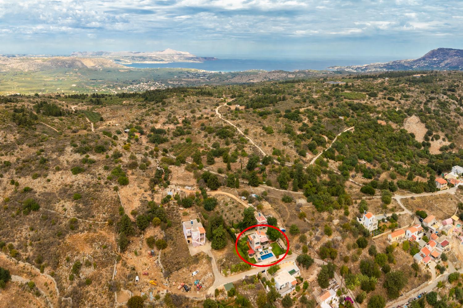Aerial view showing location of villa