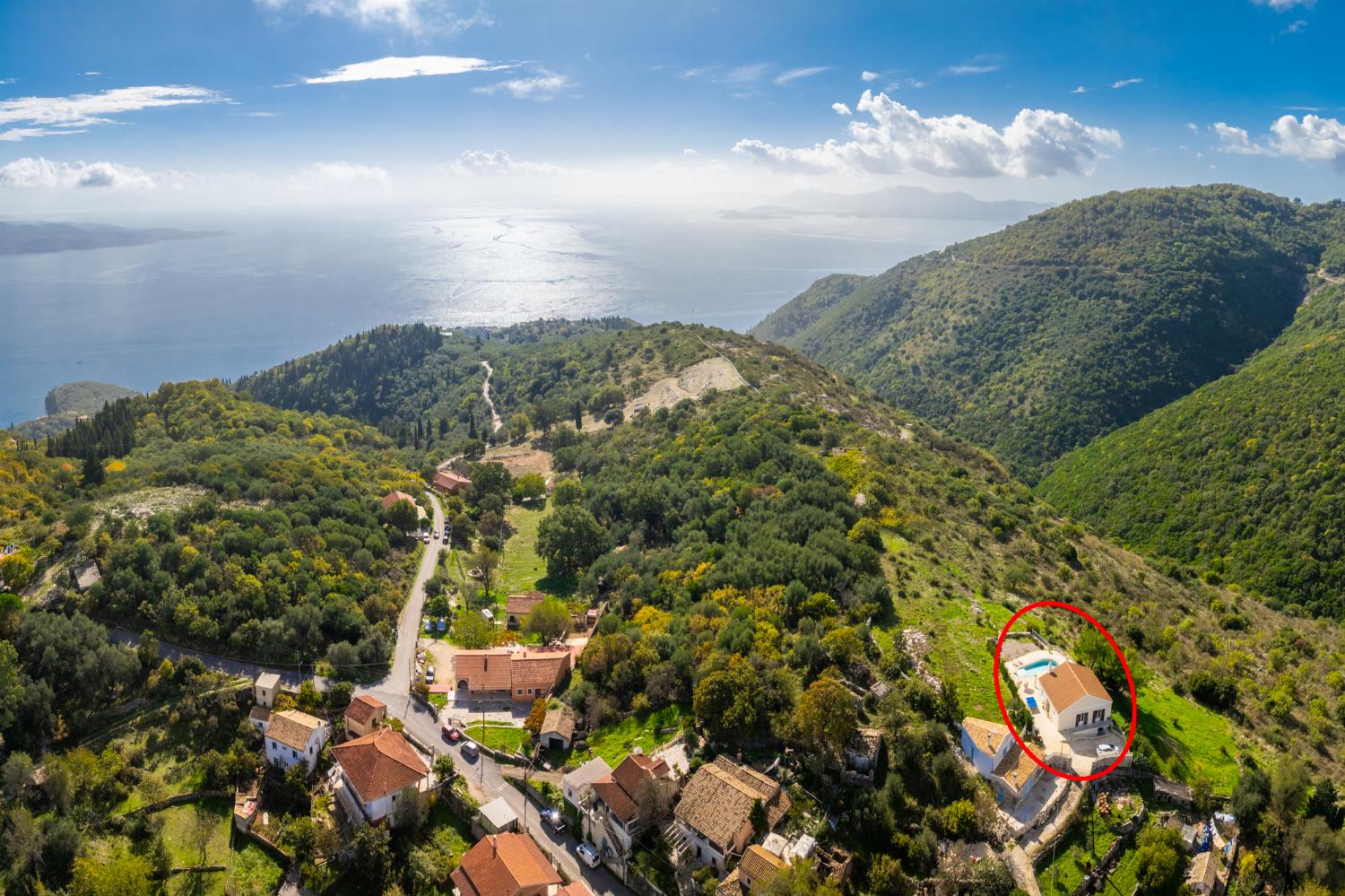 Aerial view showing location of villa