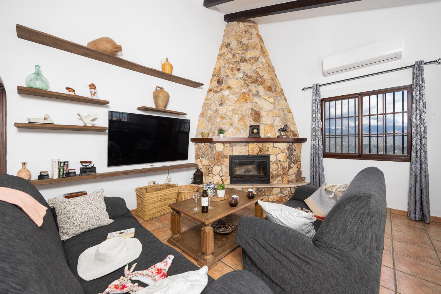 Open-plan living room with sofas, dining area, kitchen, ornamental fireplace, A/C, WiFi internet, and satellite TV