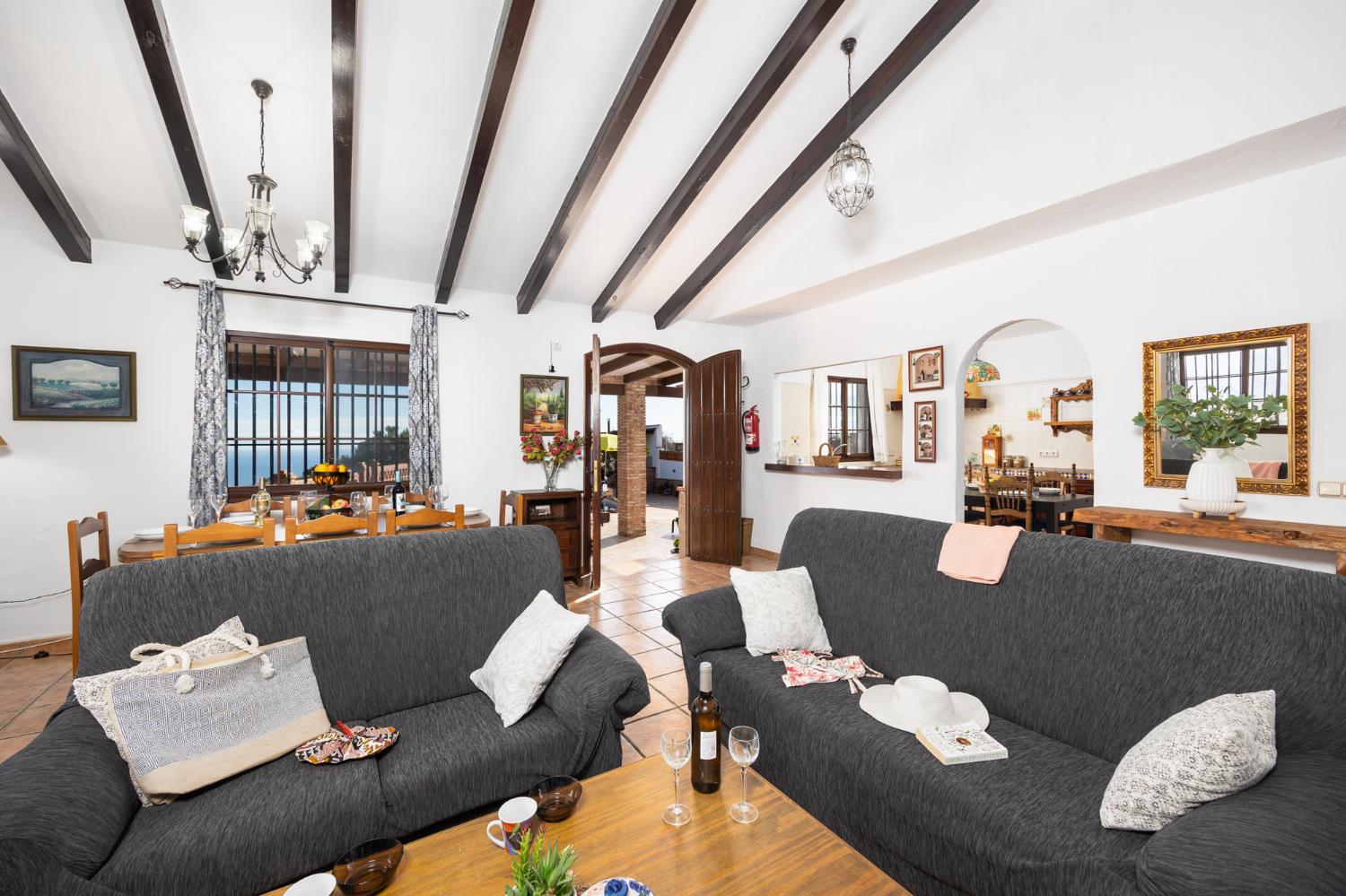 Open-plan living room with sofas, dining area, kitchen, ornamental fireplace, A/C, WiFi internet, and satellite TV