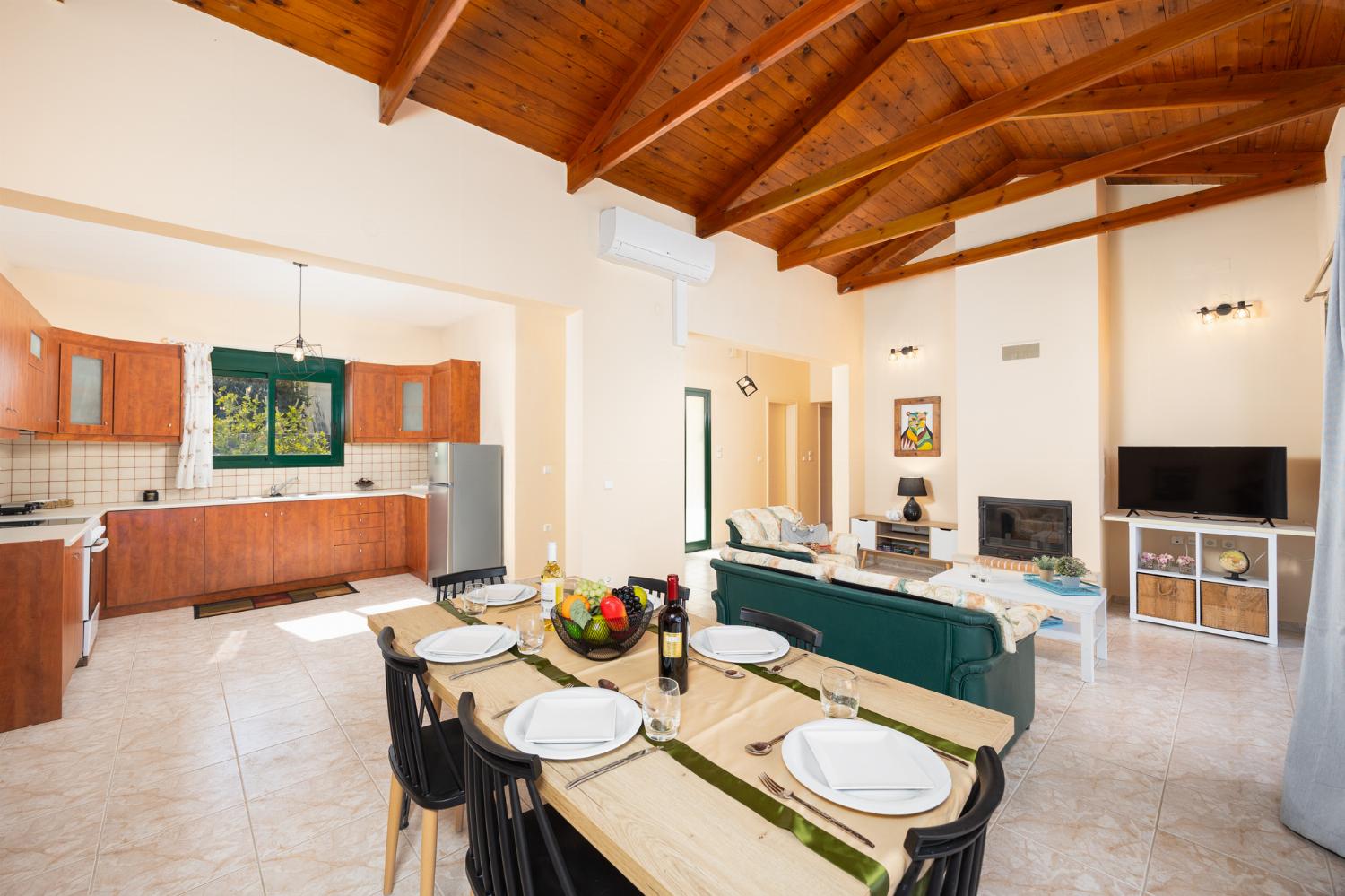 Open-plan living room with sofas, dining area, kitchen, ornamental fireplace, A/C, WiFi internet, and satellite TV