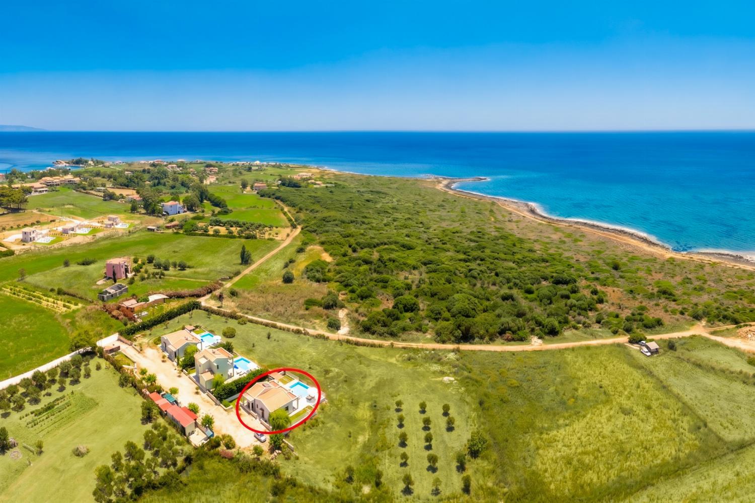 Aerial view showing location of villa