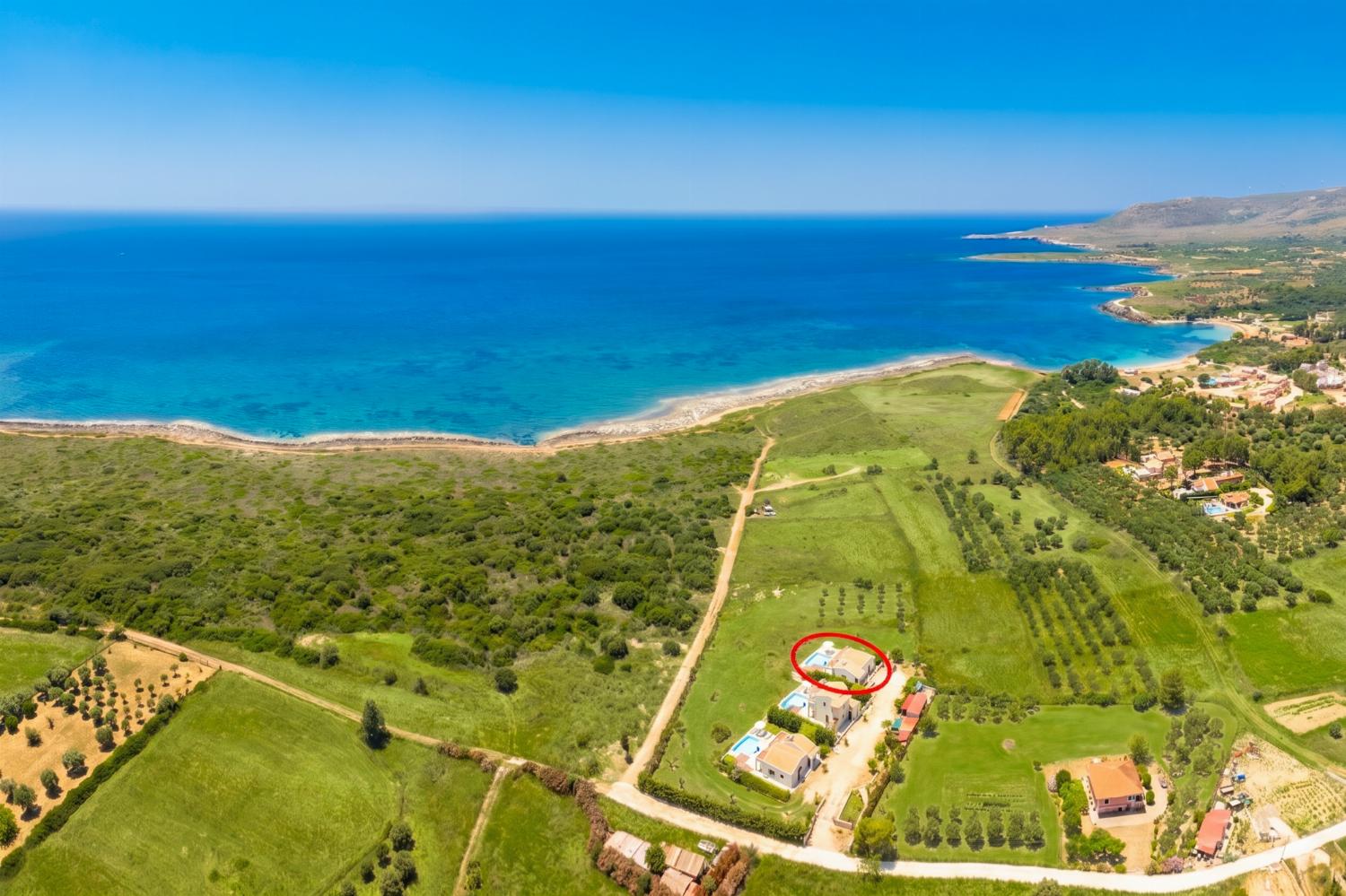 Aerial view showing location of villa