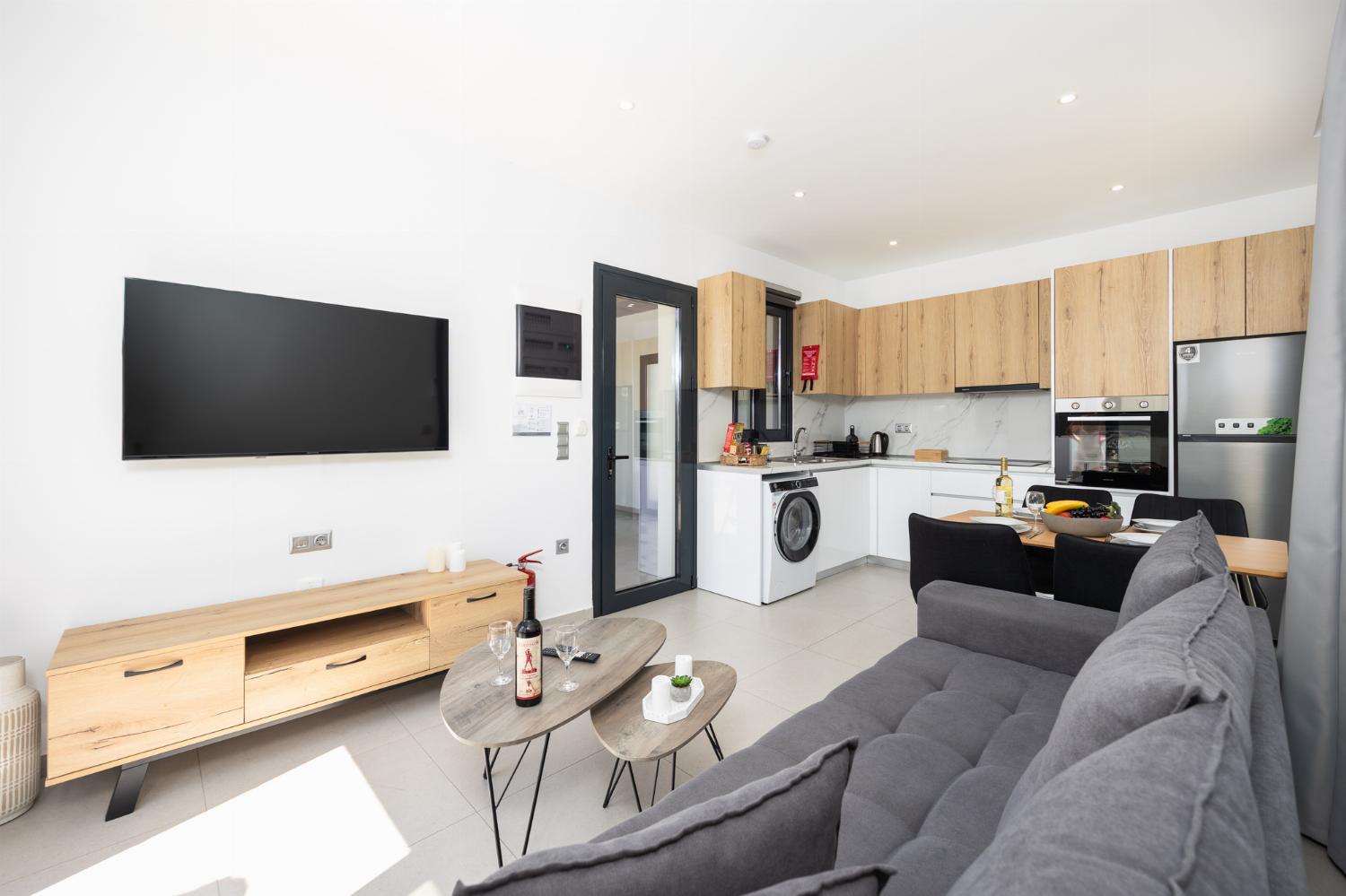 Open-plan living room with sofa, dining area, kitchen, A/C, WiFi internet, and satellite TV