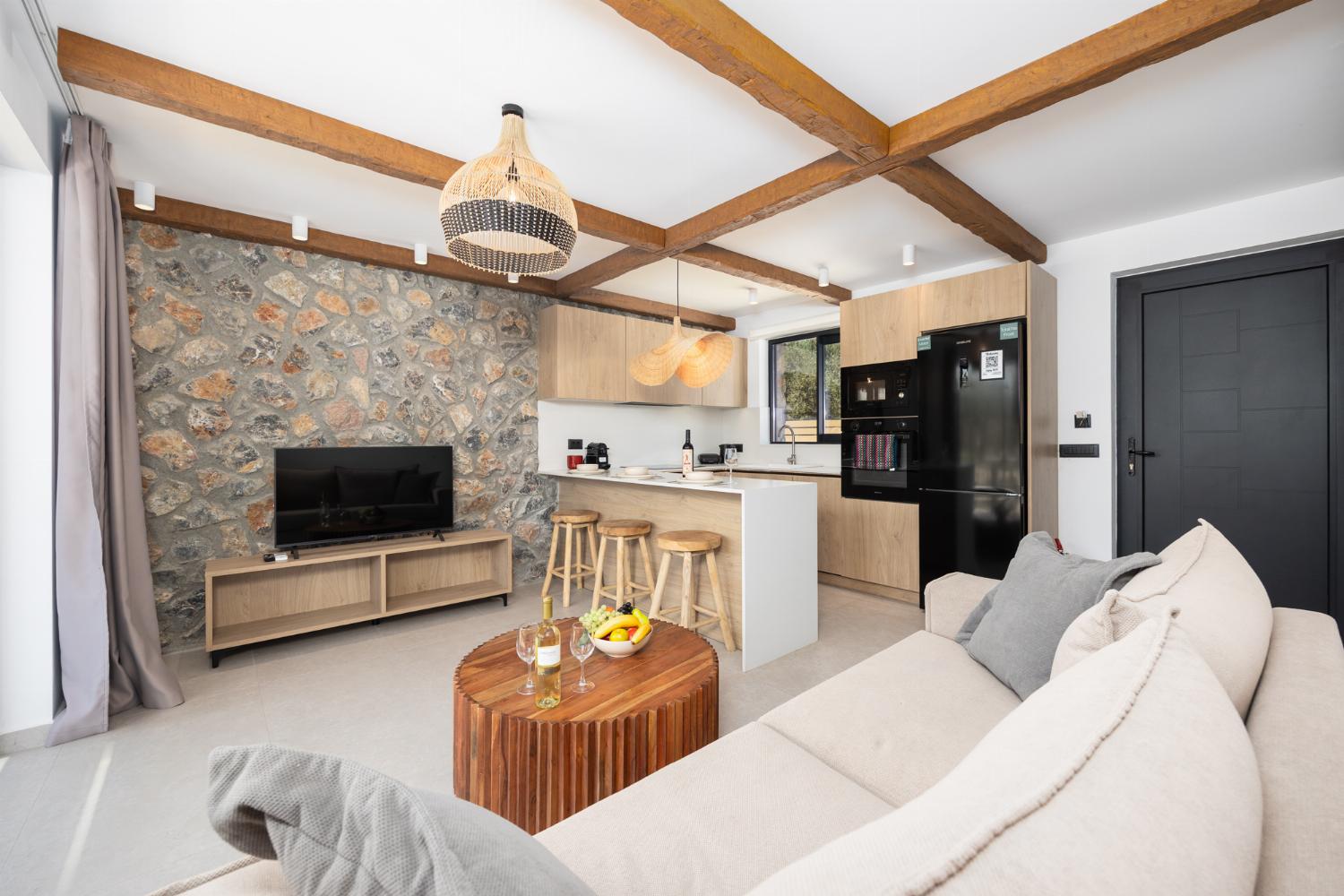 Open-plan living room with sofa, breakfast bar, kitchen, A/C, WiFi internet, and satellite TV