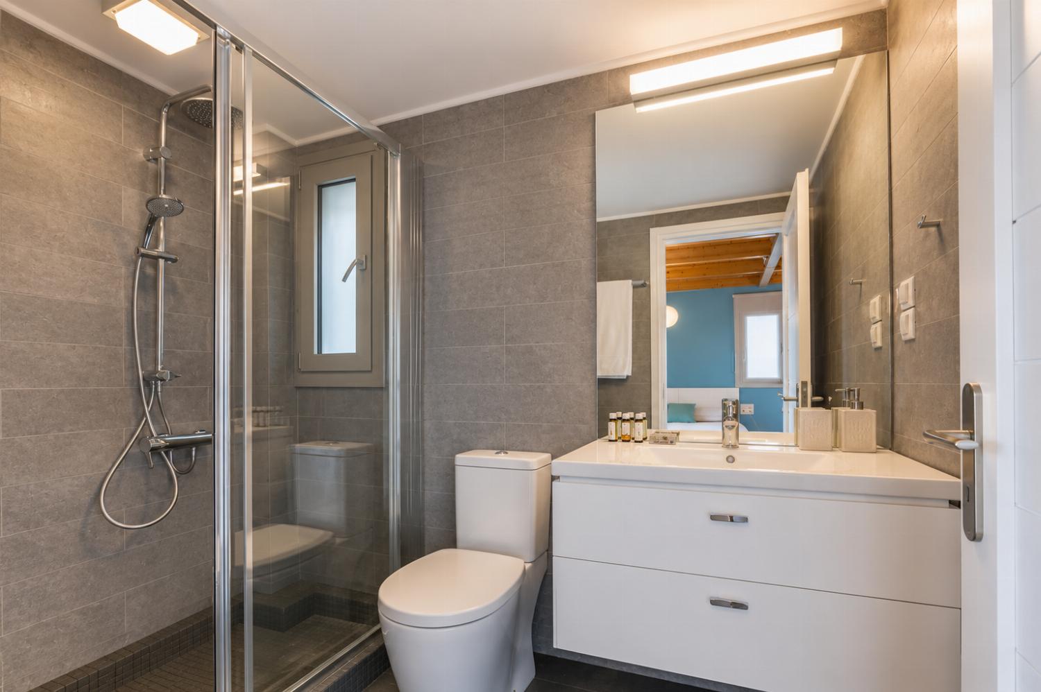 A contemporary bathroom features grey wall tiles, a glass-enclosed walk-in shower, a white vanity with drawers, and a large mirror reflecting an adjacent bedroom.