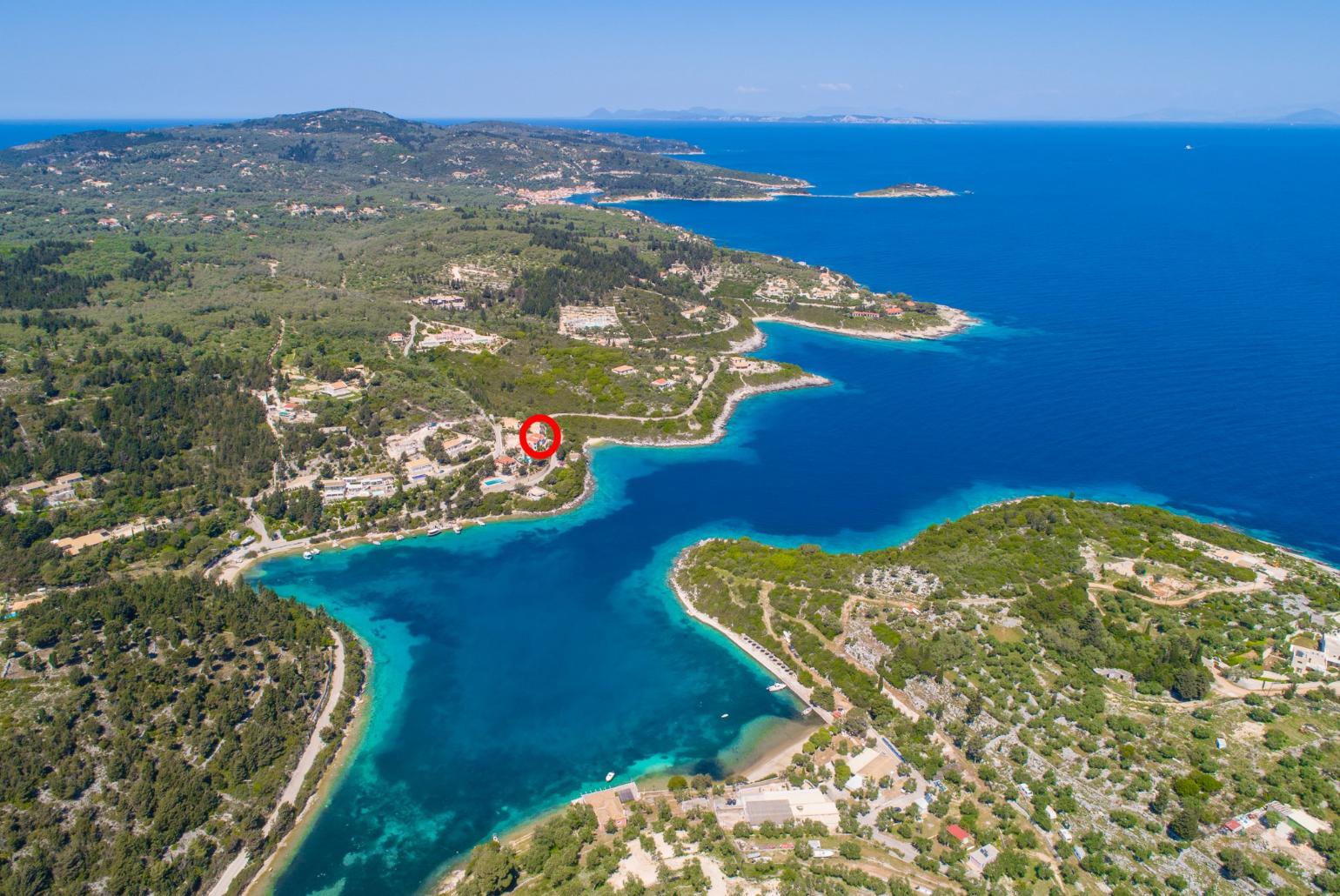 Aerial view of Moggonisi showing location of Dolphin Villa 3