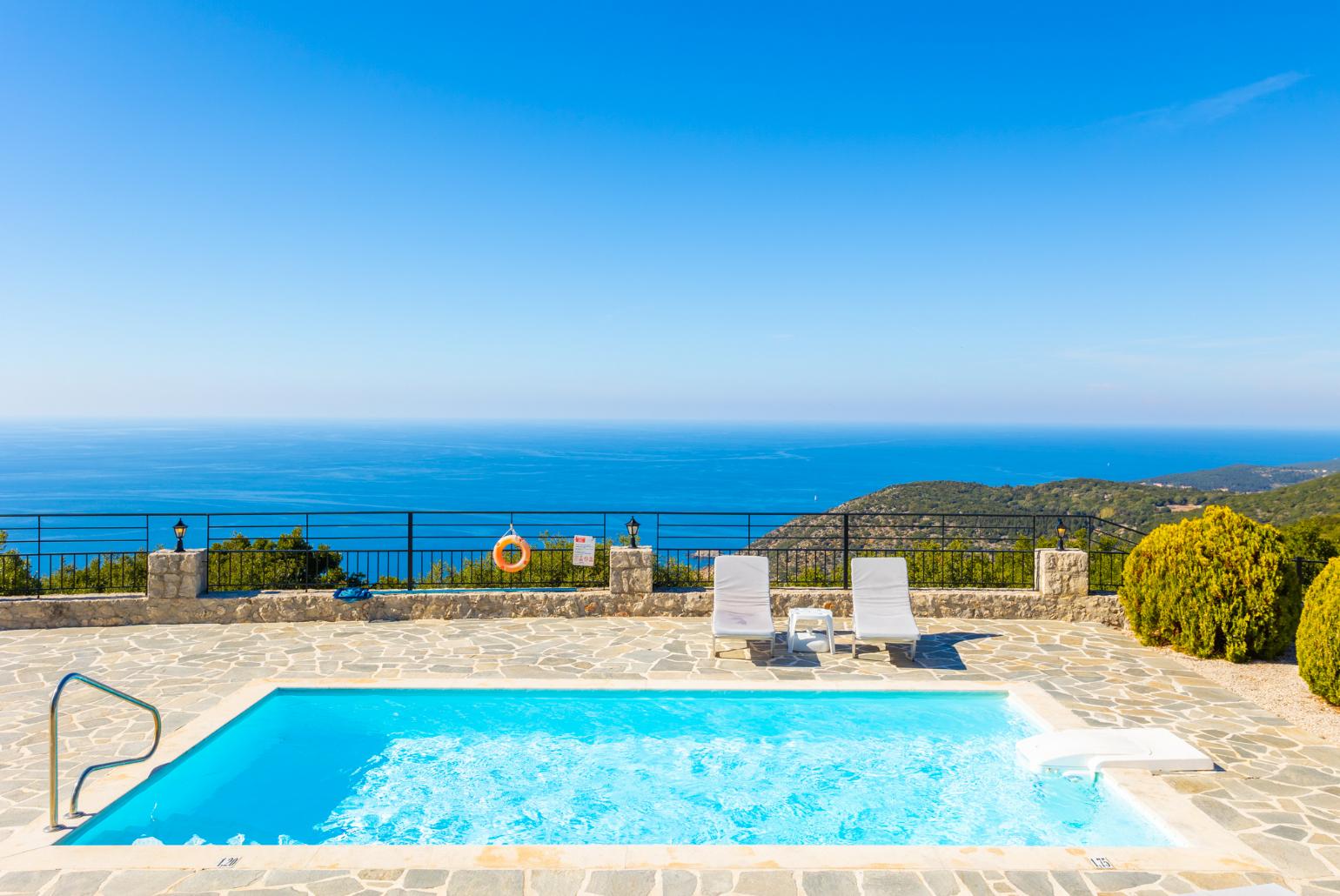 Private pool, terrace, and garden with panoramic sea views