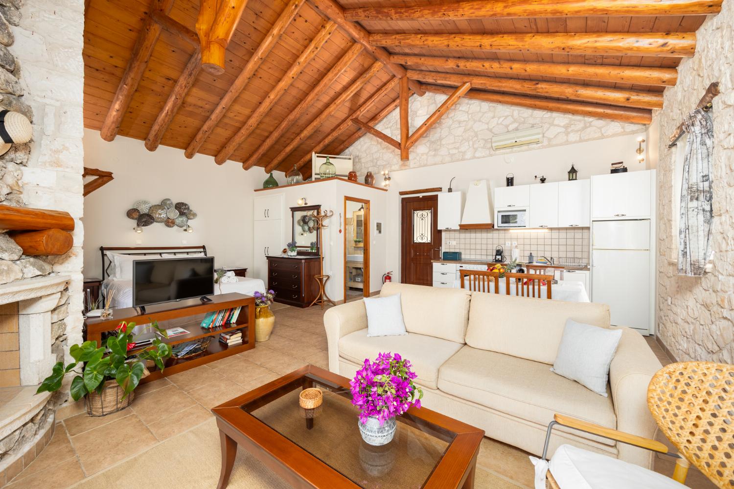 Open-plan villa with sofa, dining area, kitchen, double bed, bathroom, ornamental fireplace, A/C, WiFi internet, satellite TV, and sea views