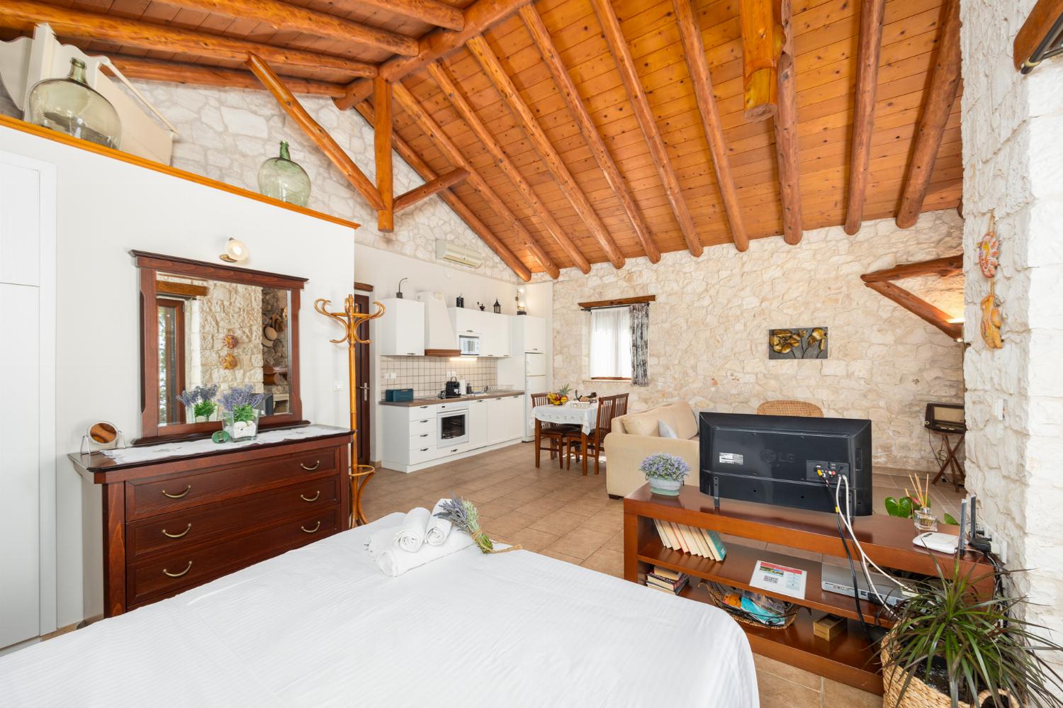 Open-plan villa with sofa, dining area, kitchen, double bed, bathroom, ornamental fireplace, A/C, WiFi internet, satellite TV, and sea views